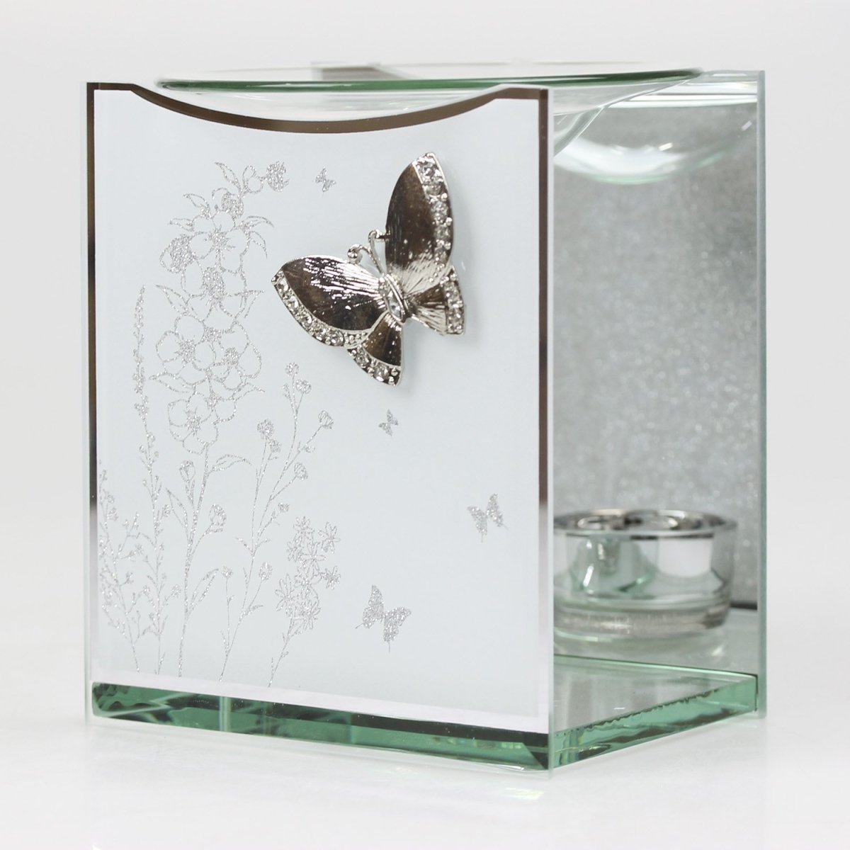 Glass Mirror Oil Burner Aroma Fragrance Silver Butterfly - Bonnypack