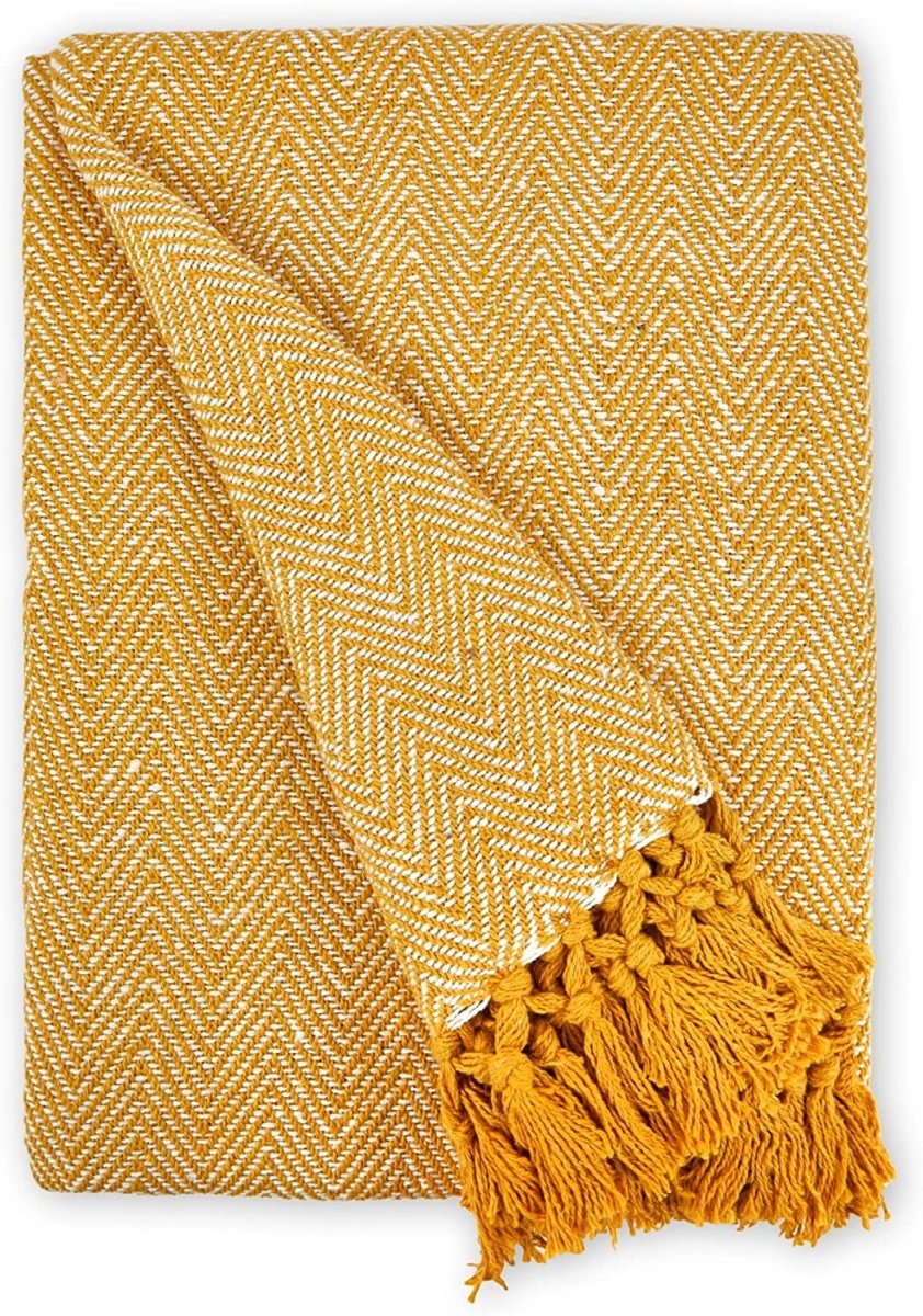 Herringbone Large Throw Ochre Mustard Yellow 70"x100" - Bonnypack