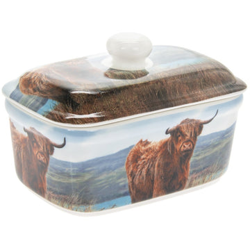 Highland Cow Fine China Ceramic Butter Dish with Bell Top Lid