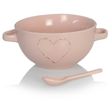 Pink Stoneware Heart Serving Bowl w/ Handle & Spoon