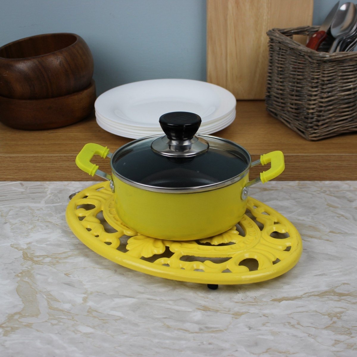 Kitchen Oval Cast Iron Trivet Cooking Stand Yellow - Bonnypack