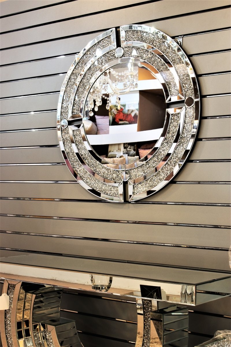 Large Wall Mounted Round Crushed Diamond Frame Mirror - Bonnypack