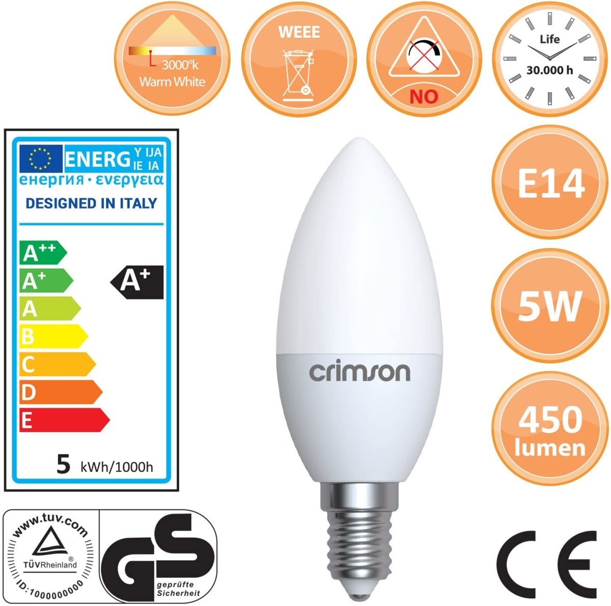 LED Candle Bulb 5W Energy Saving Bulb E14 Warm White - Bonnypack