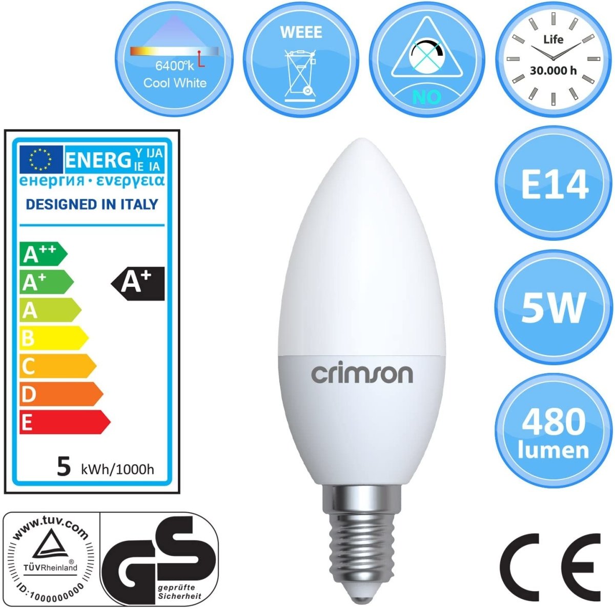 LED Candle Bulb 5W Energy Saving Bulb E14 Warm White - Bonnypack
