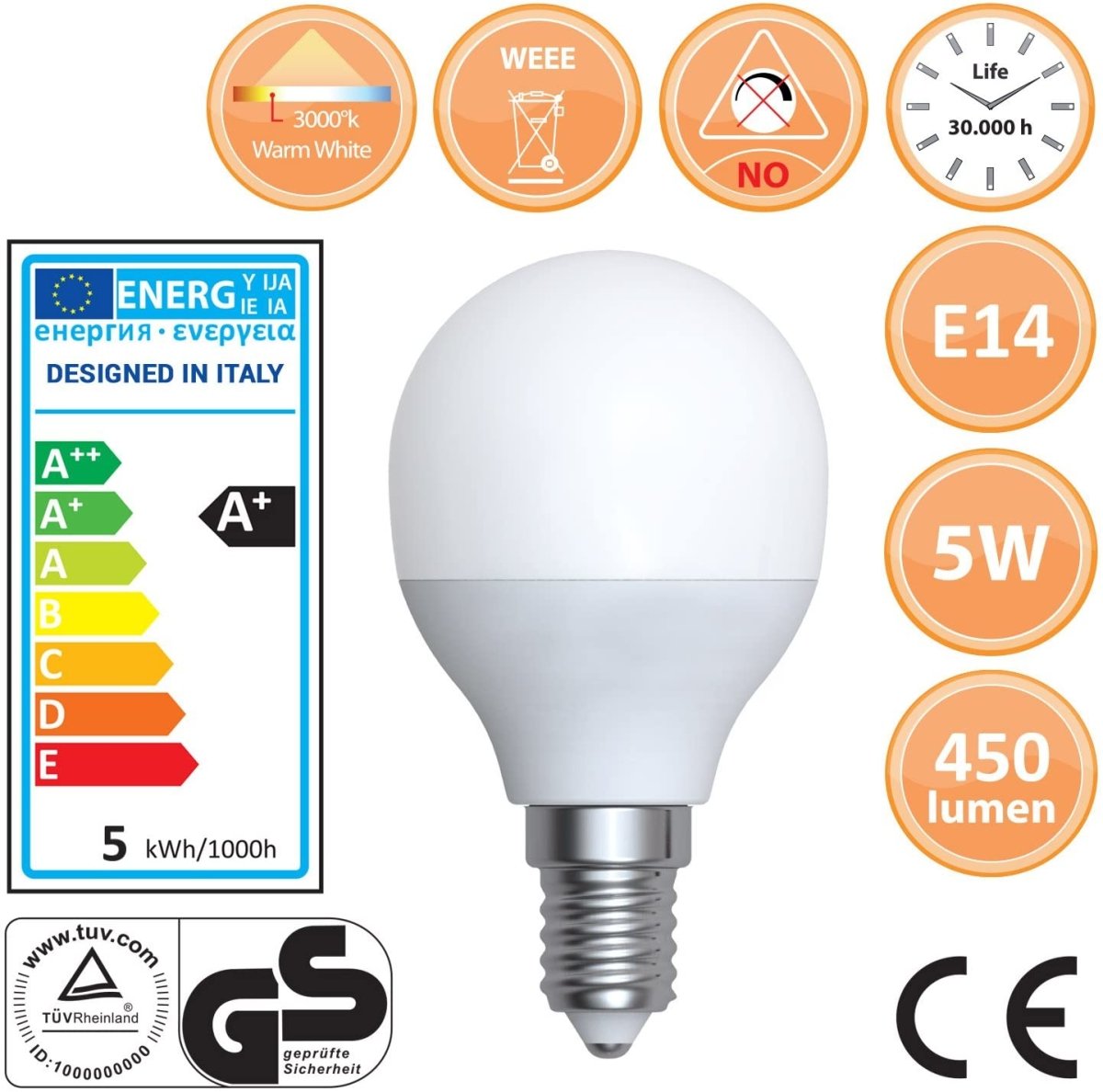 LED Golf Bulb 5W Energy Saving Bulb E14 Warm White - Bonnypack