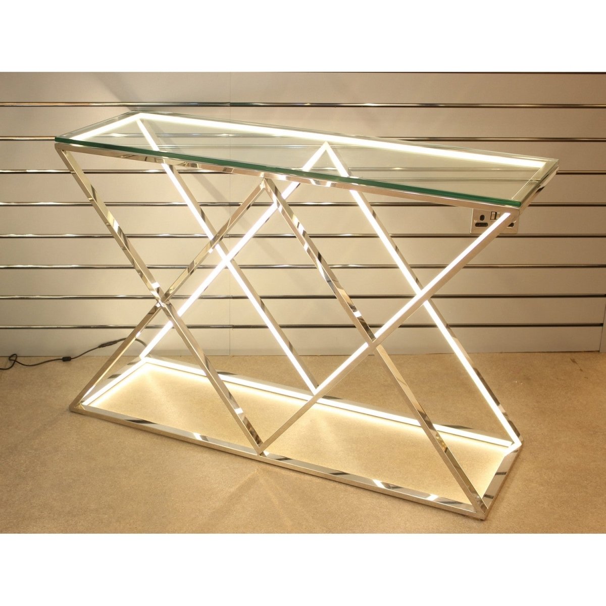 LED Stainless Steel Console Table With Clear Glass Top - Bonnypack