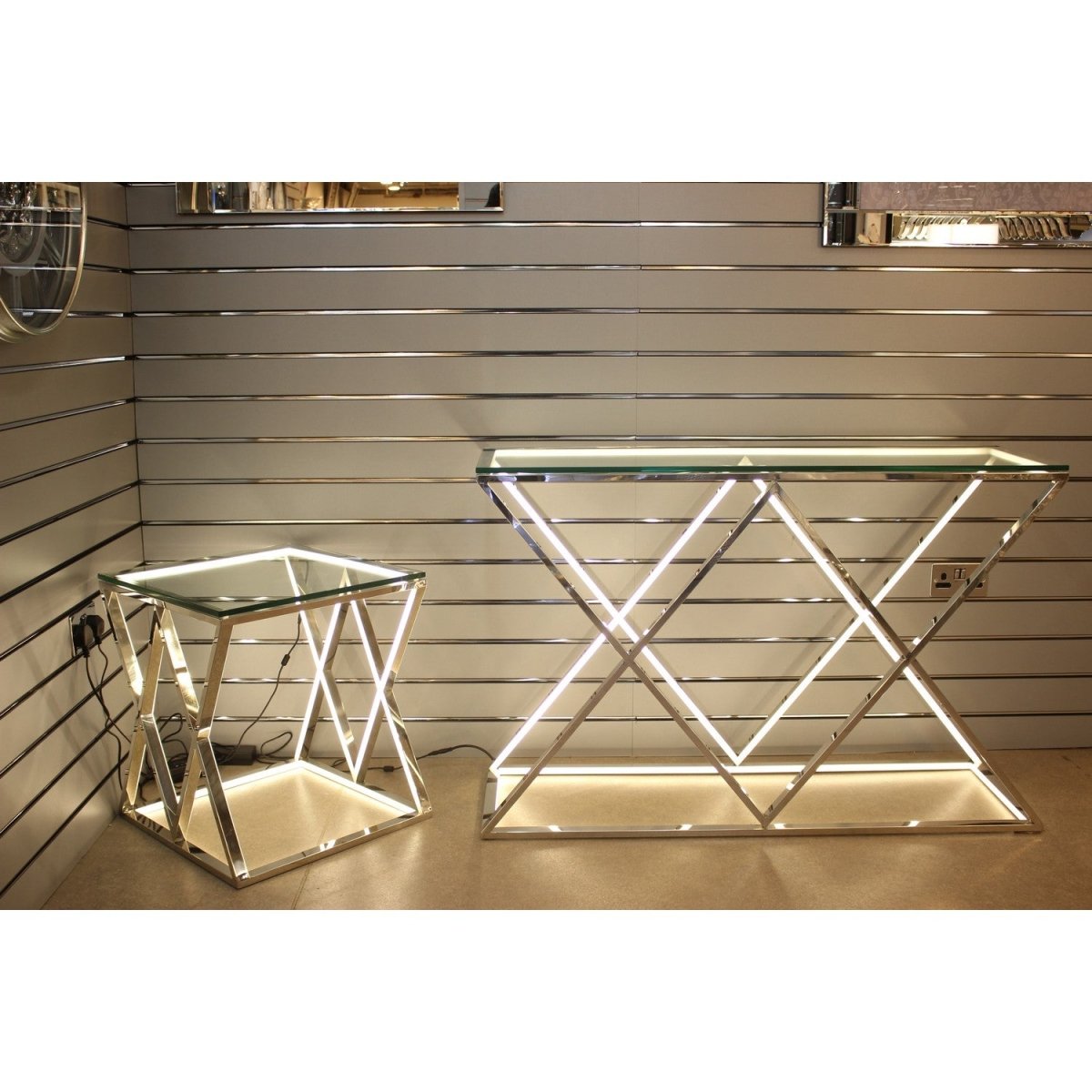 LED Stainless Steel Console Table With Clear Glass Top - Bonnypack