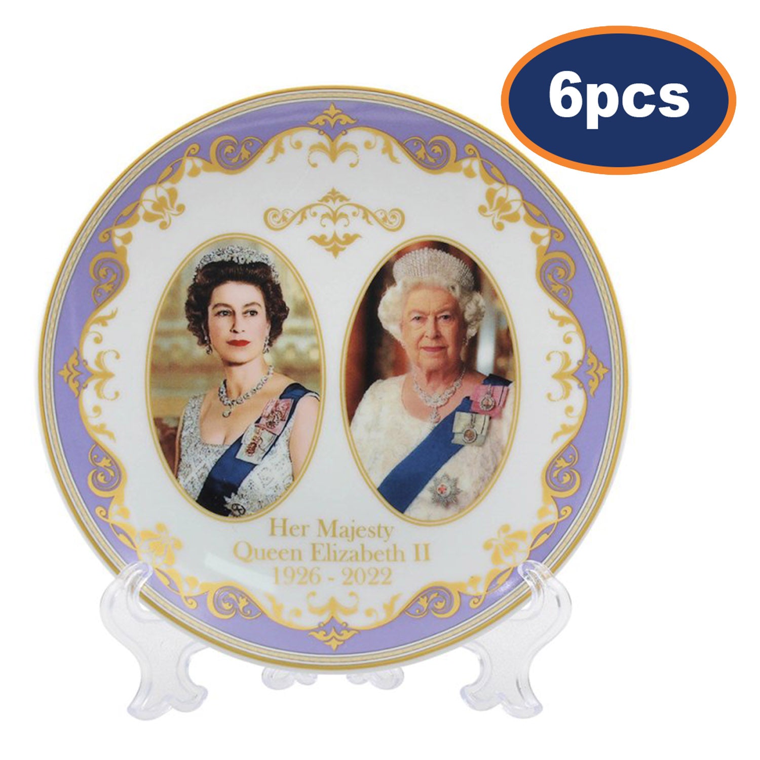 6pcs Queen Elizabeth II 15cm Fine China Decorative Plate