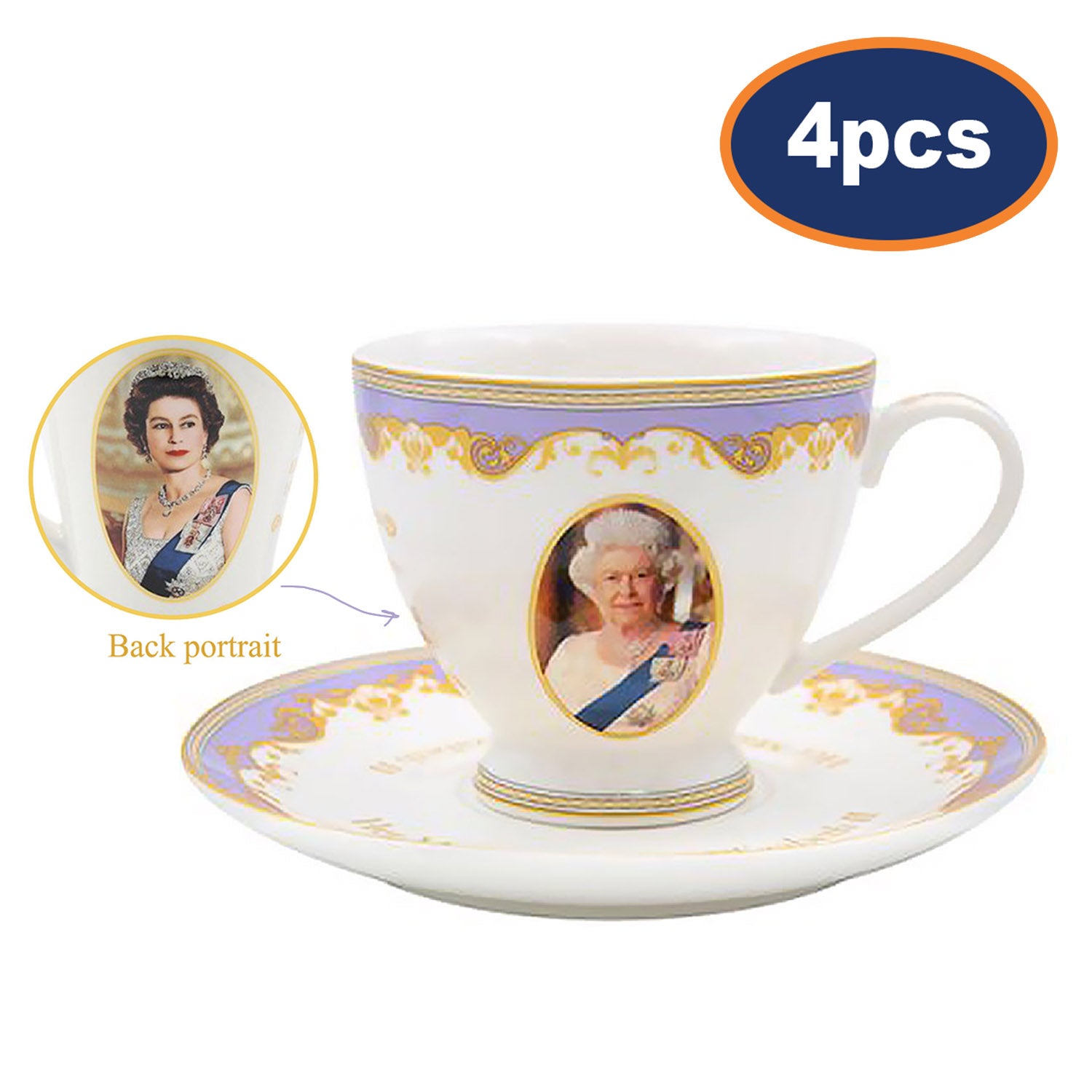 4pcs Queen Elizabeth II 200ml Cup and Saucer Set
