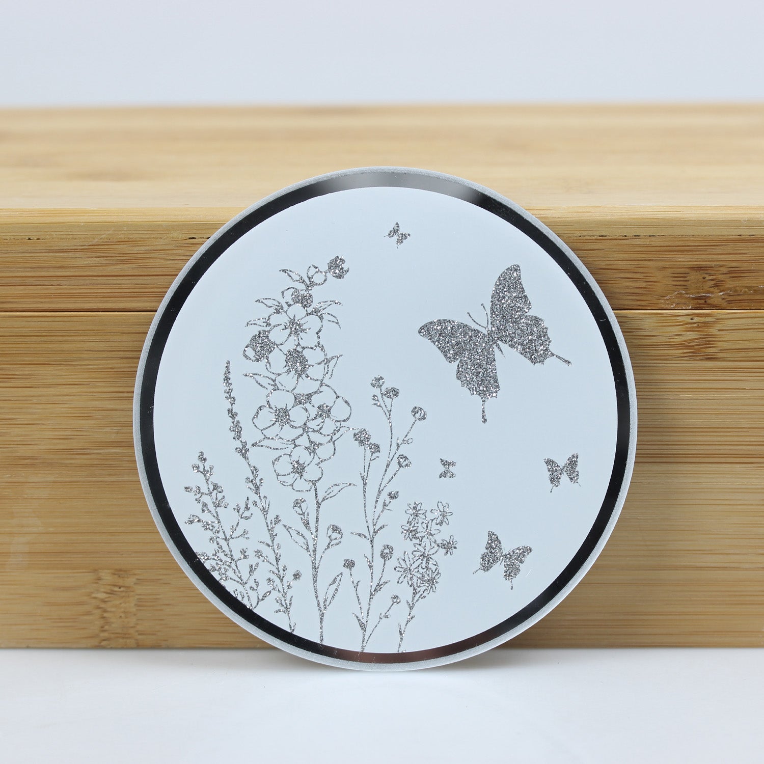 Mirrored Floral With Butterfly Design Glass Candle Plate