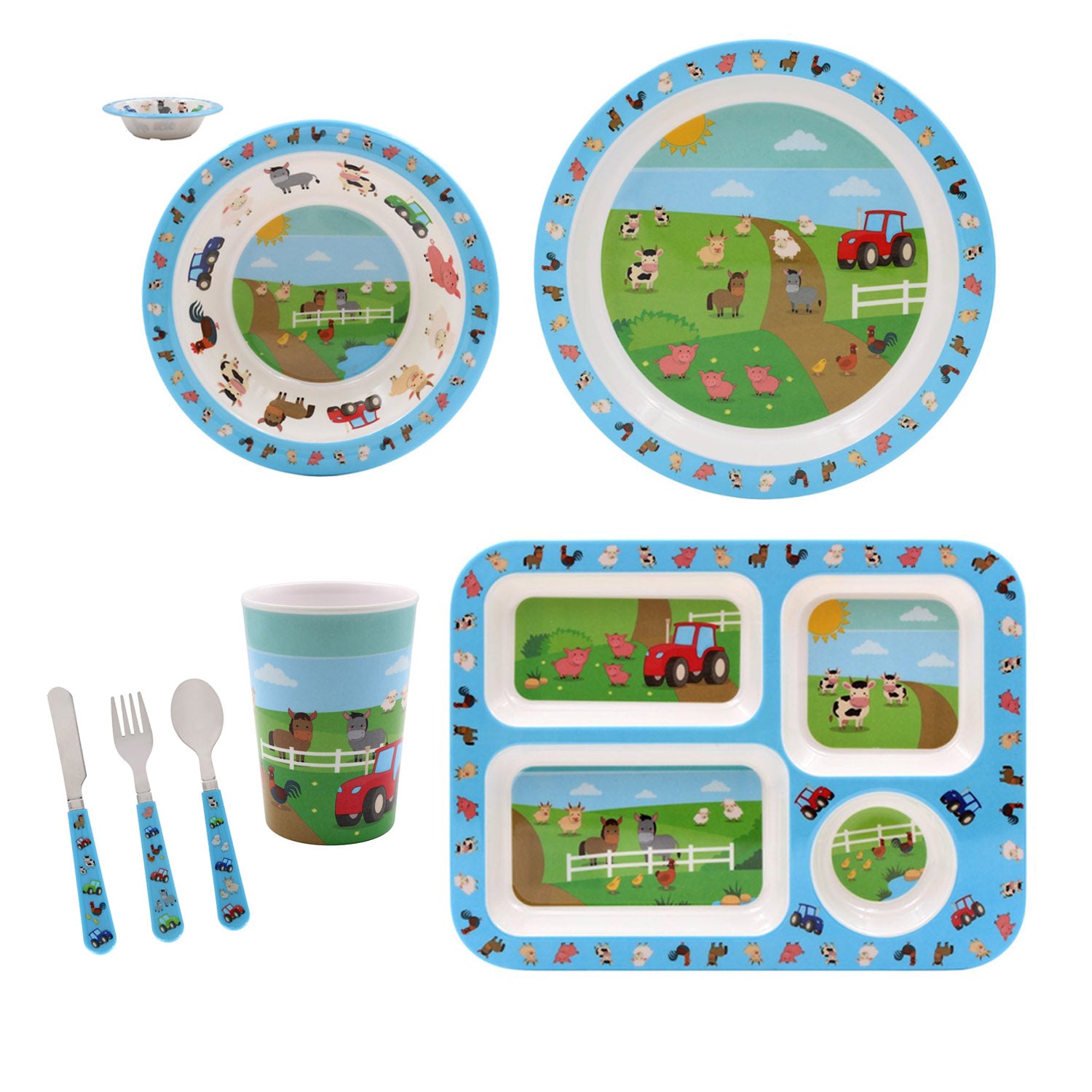 5-pc Blue Farm Animal Cup Soup Bowl Plate Tray Spoon Cutlery Kids