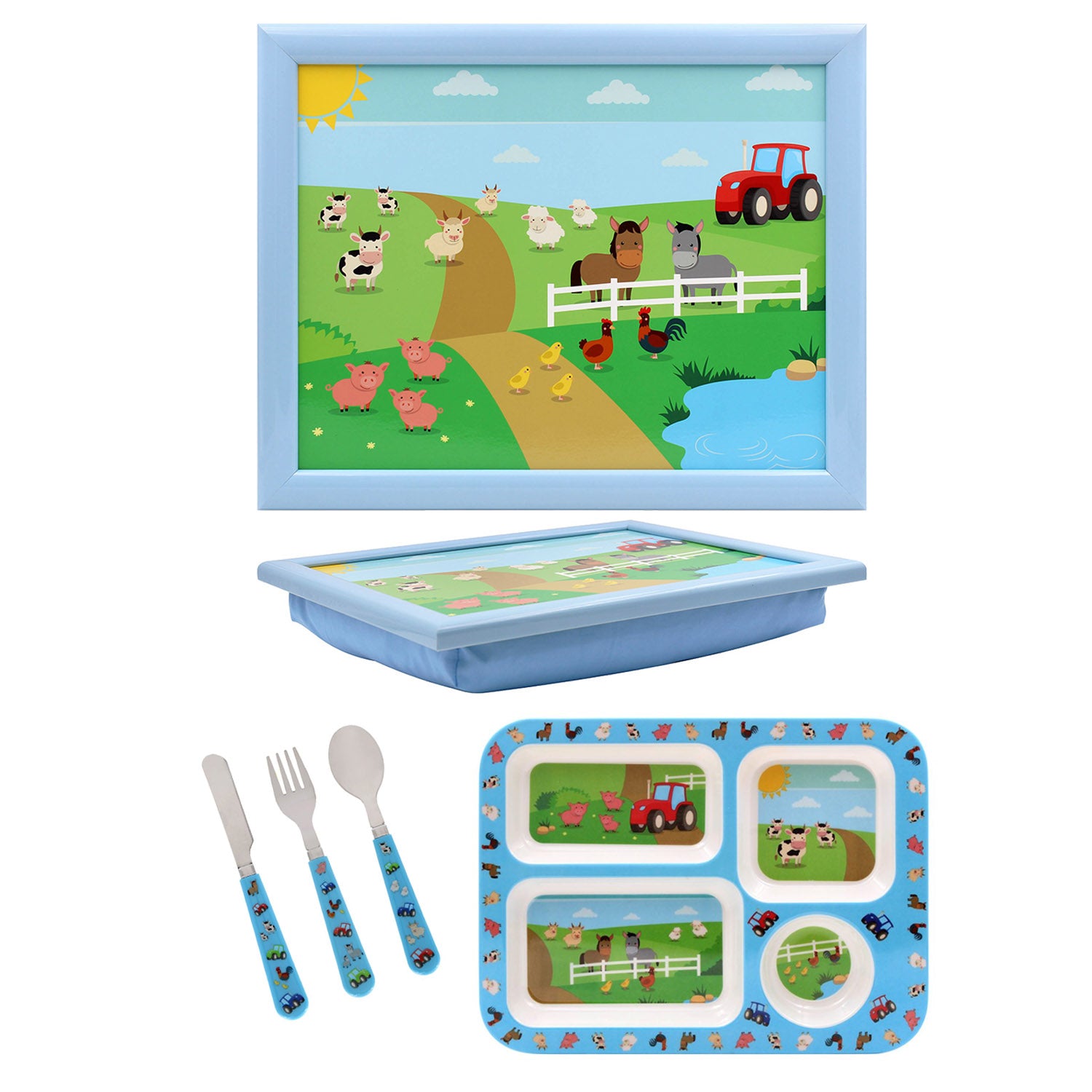 3-pc Blue Farm Animals Plate Tray Laptray Spoon Fork Cutlery for Kids