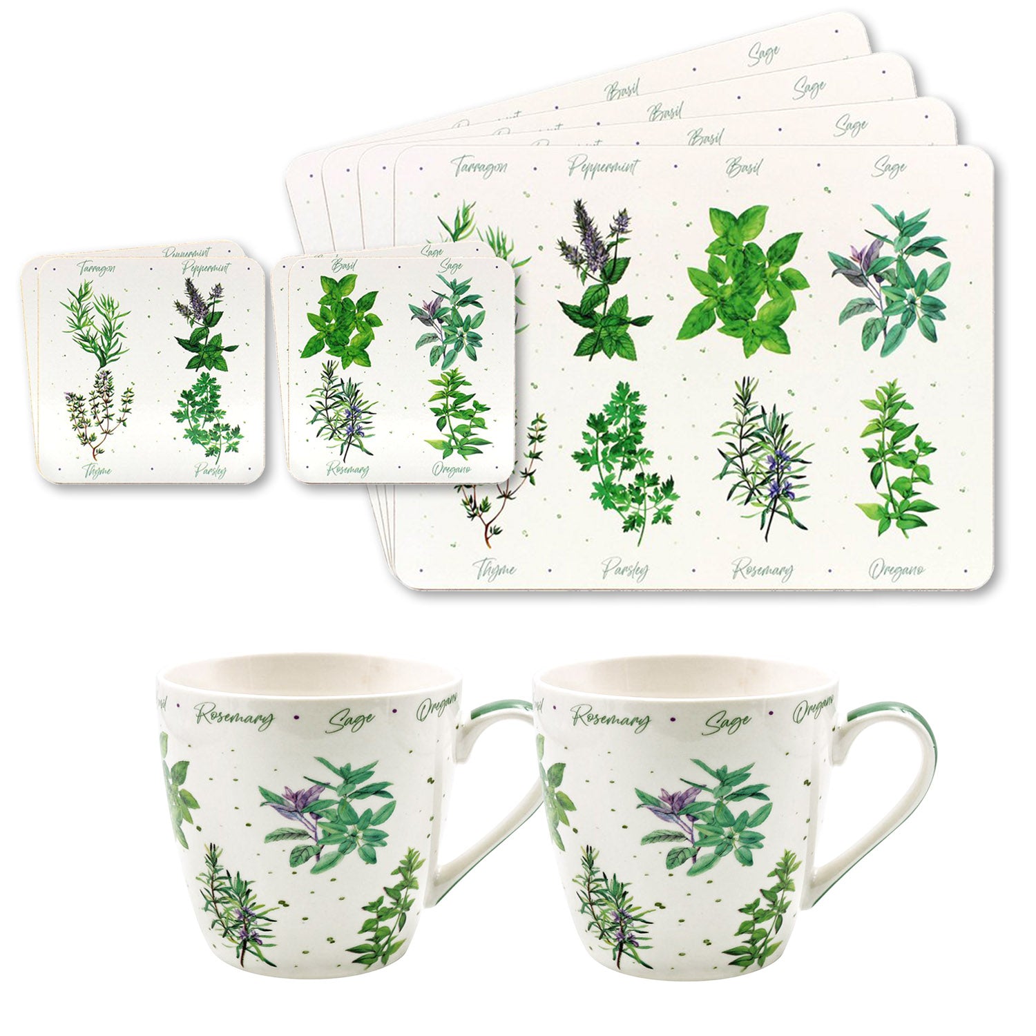 10-pc Set Green Herbs Garden Cork Coasters Placemats Breakfast Mugs 2x Leaves