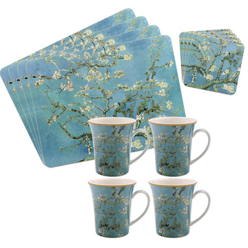 12-pc Floral Set Van Gogh Almond Blossom Mugs Cork Coasters Placemats