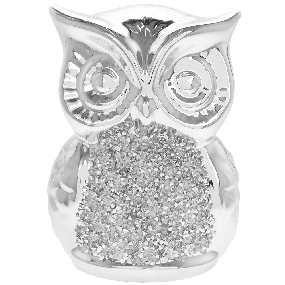 Ceramic Silver Owl Figurine Crushed Diamond