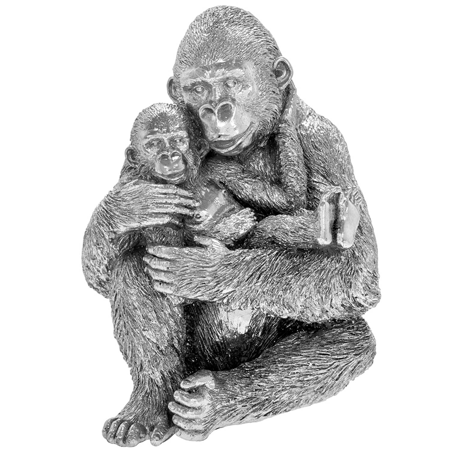Silver Art Gorilla Carrying Baby Figurine