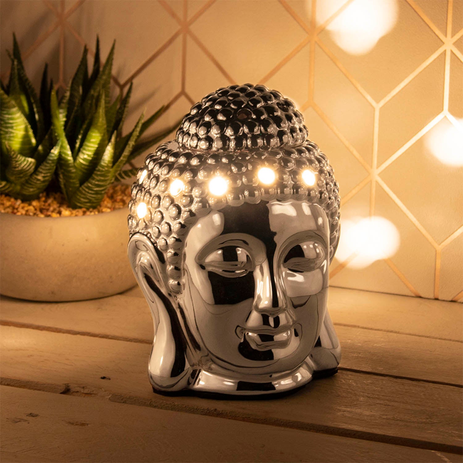 Silver Buddha Head Wax Oil Burner Warmer LED Lamp