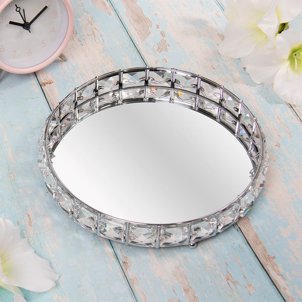 Silver Round Crystal Diamond Candle Jewellery Ornament Tray