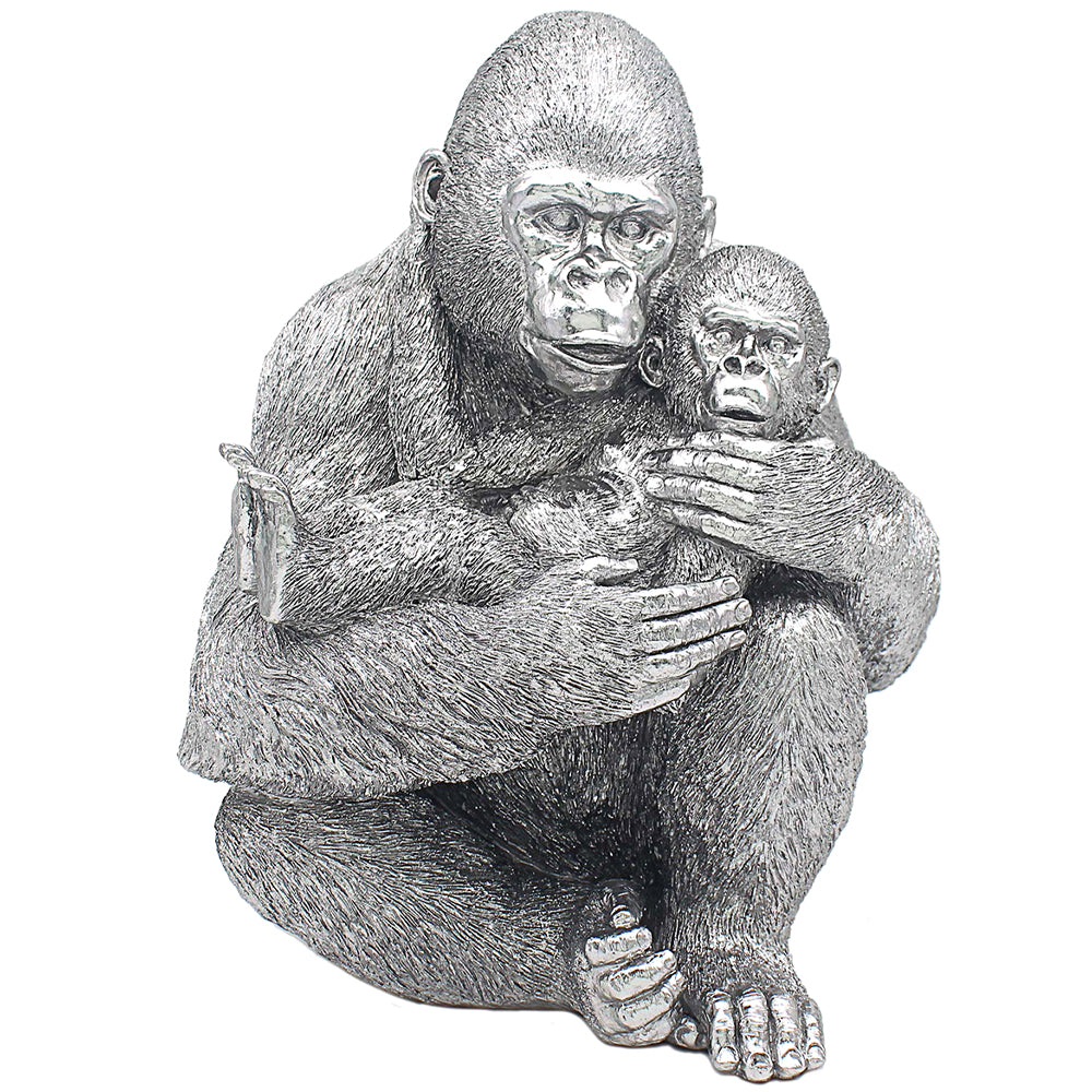 Silver Art Ornament Gorilla & Baby 39cm Animal Statue