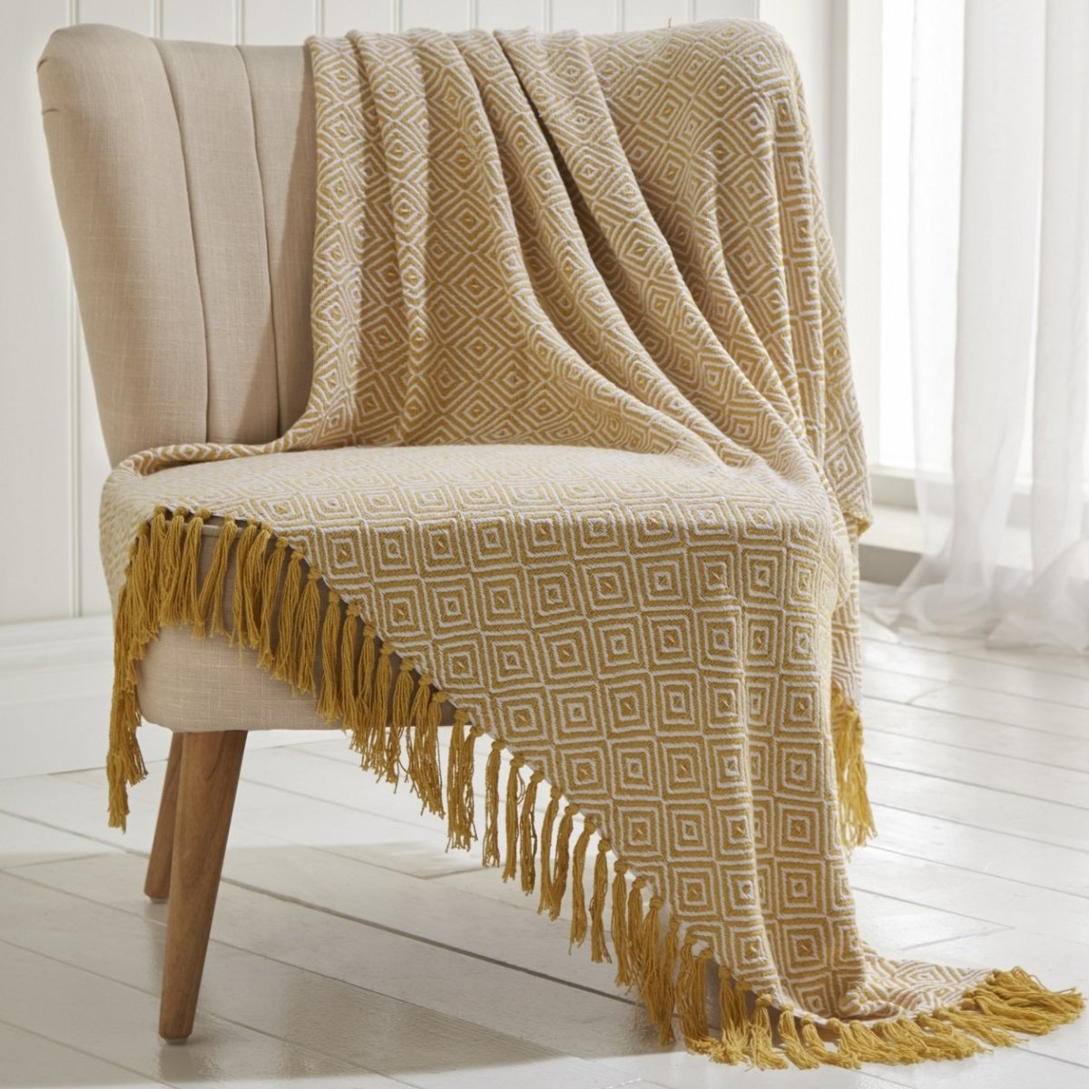 Luxury Two Tone 100% Cotton Throw 130cm X 170cm - Ochre Yellow - Bonnypack