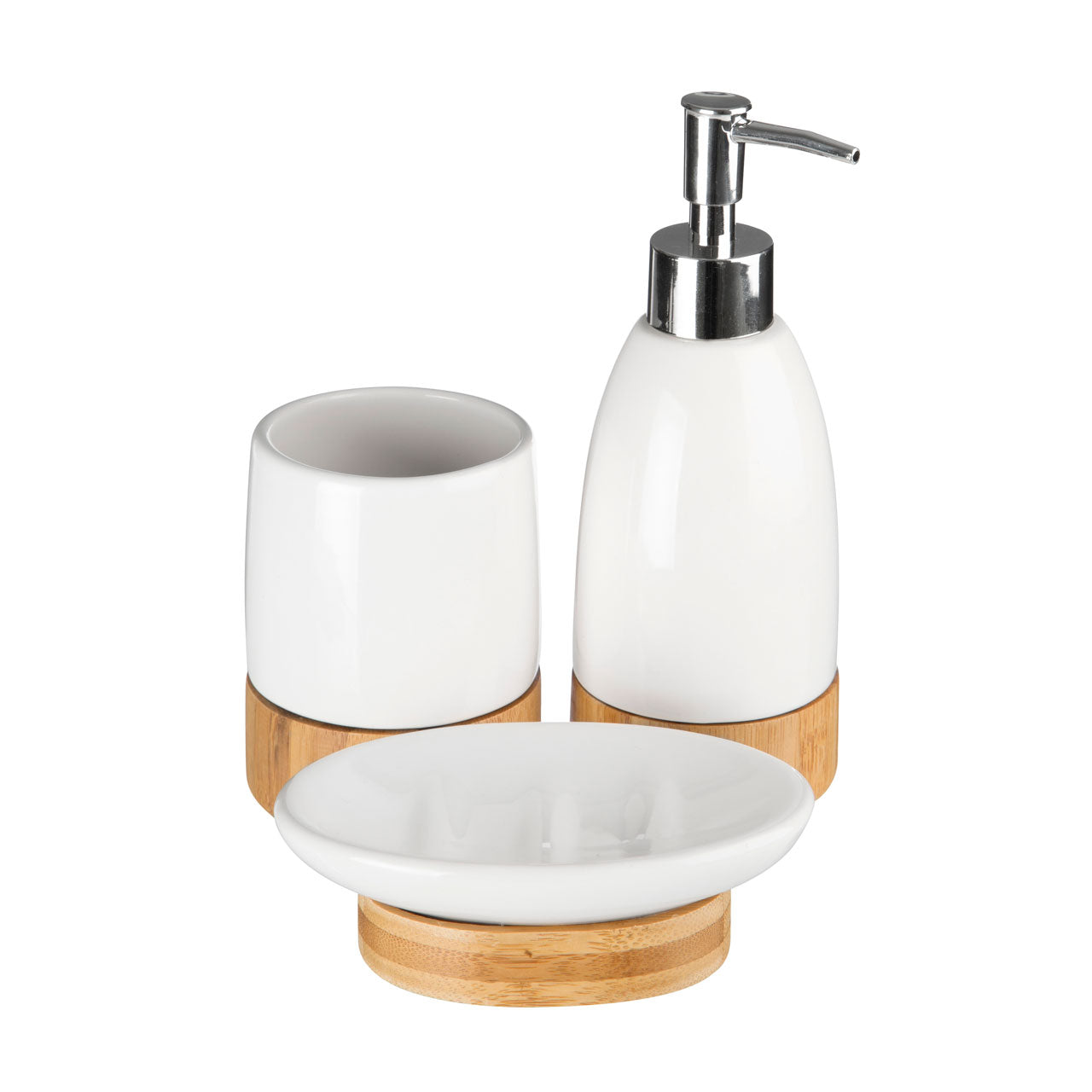 3pc Earth White/Bamboo Tumbler Lotion Dispenser & Soap Dish Set