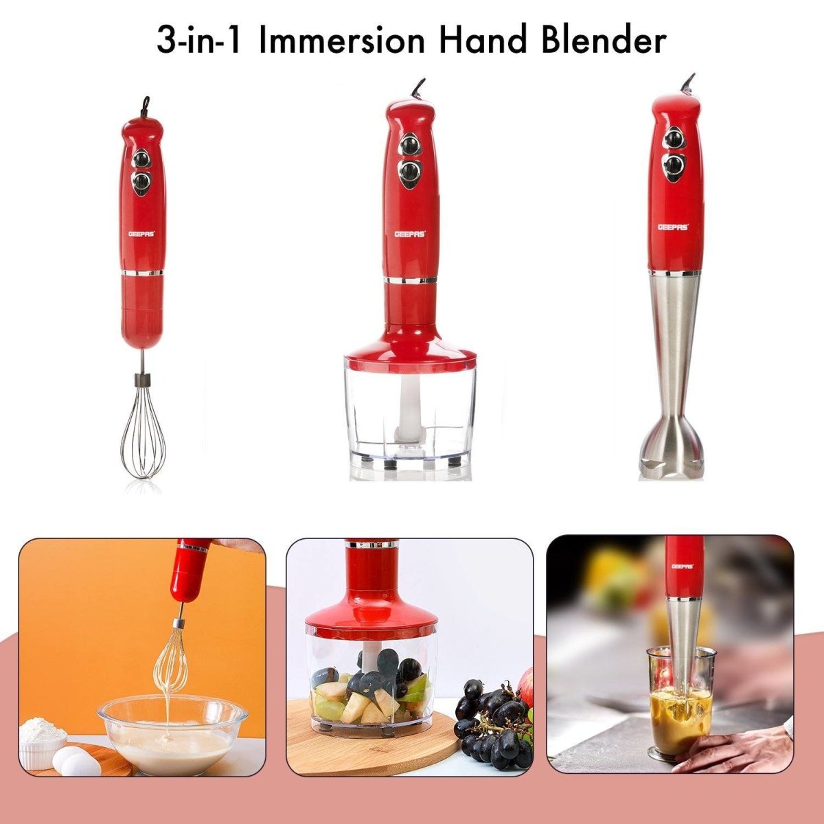 Red 3-in-1 Hand Blender Stainless Steel Blades Smoothy Maker - Bonnypack