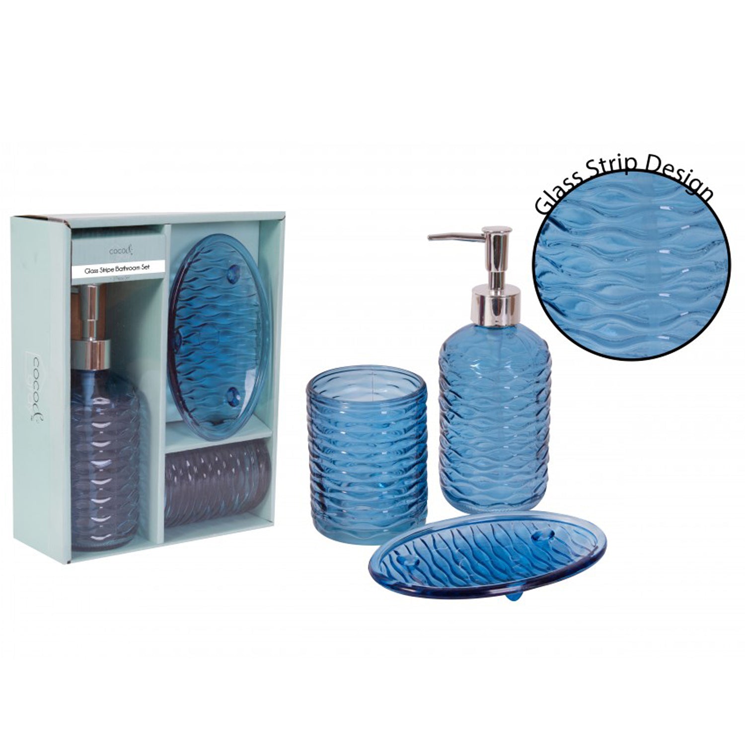 3Pcs Glass Bathroom Set Stripe Blue Soap Dish Toothbrush Holder Bottle Dispenser