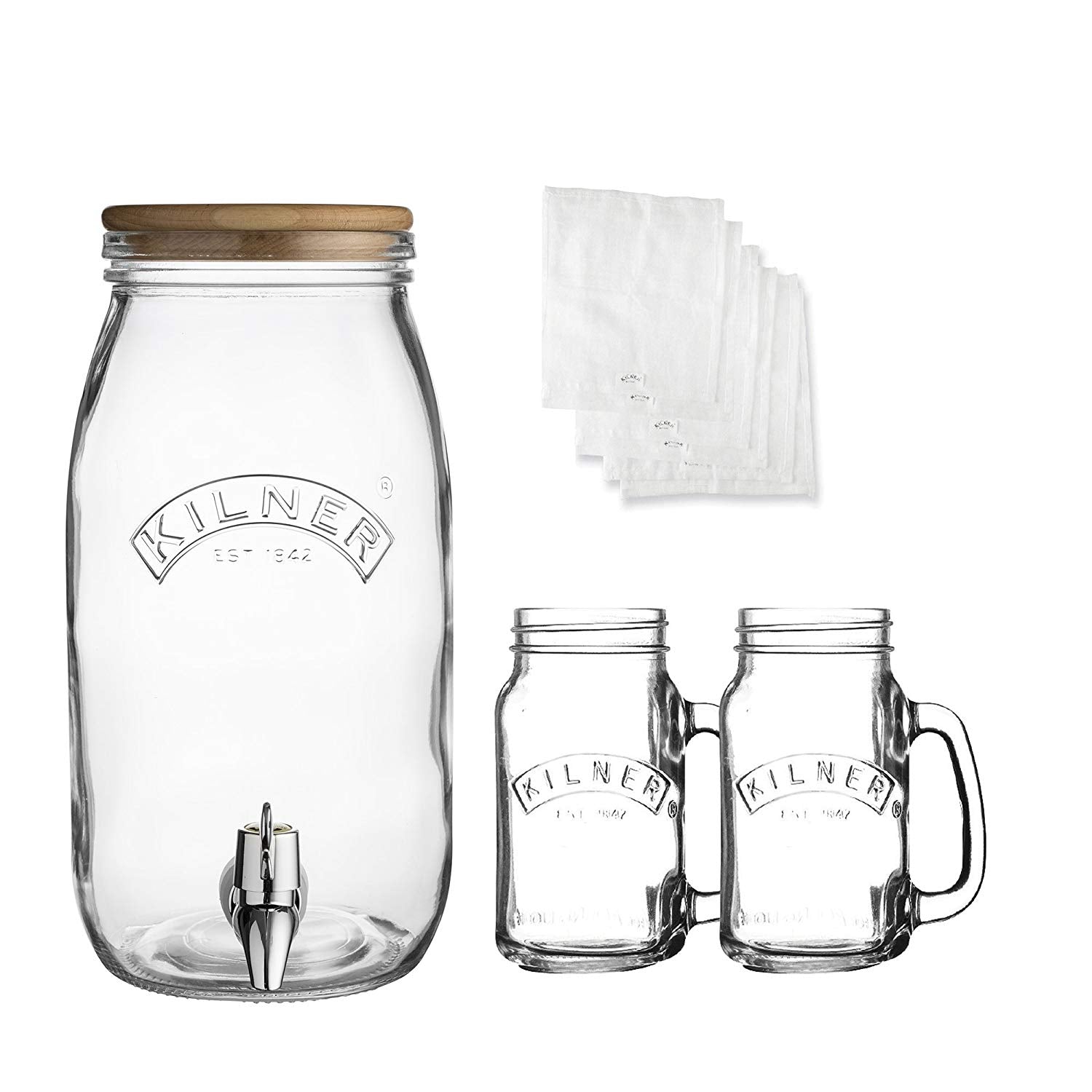 Kilner 3 Litre Glass Kombucha Dispenser + Drinking Jars Set