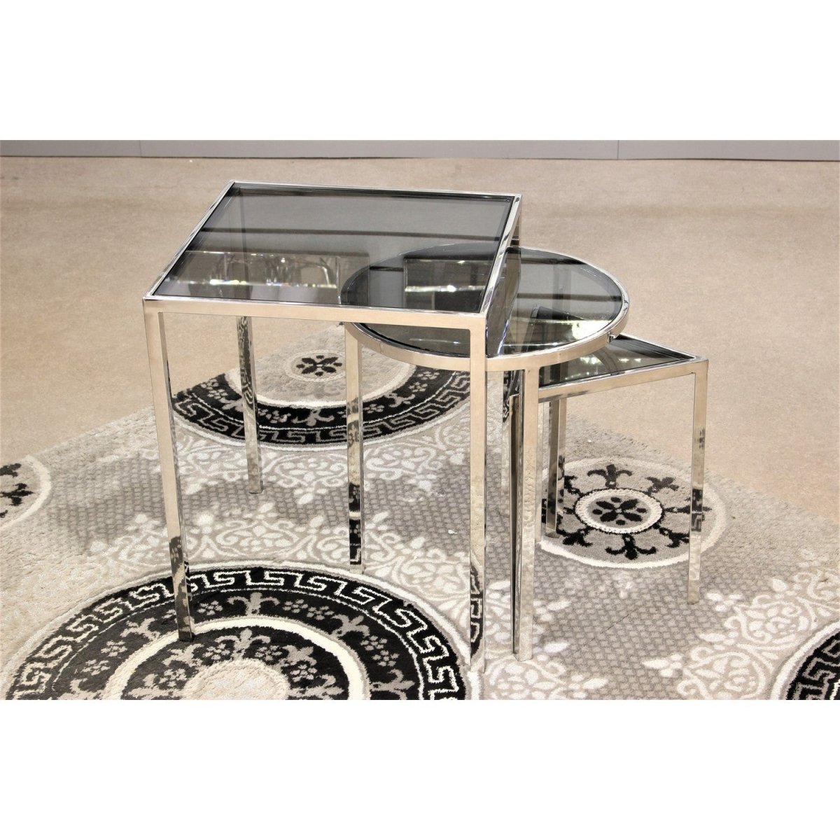 Set Of 3 Theo Silver Stainless Steel And Glass Nesting End Tables - Bonnypack