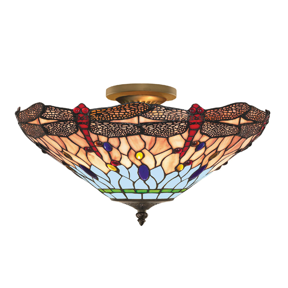 3 Light Dragonfly Tiffany Antique Brass Semi-flush Ceiling Uplighter