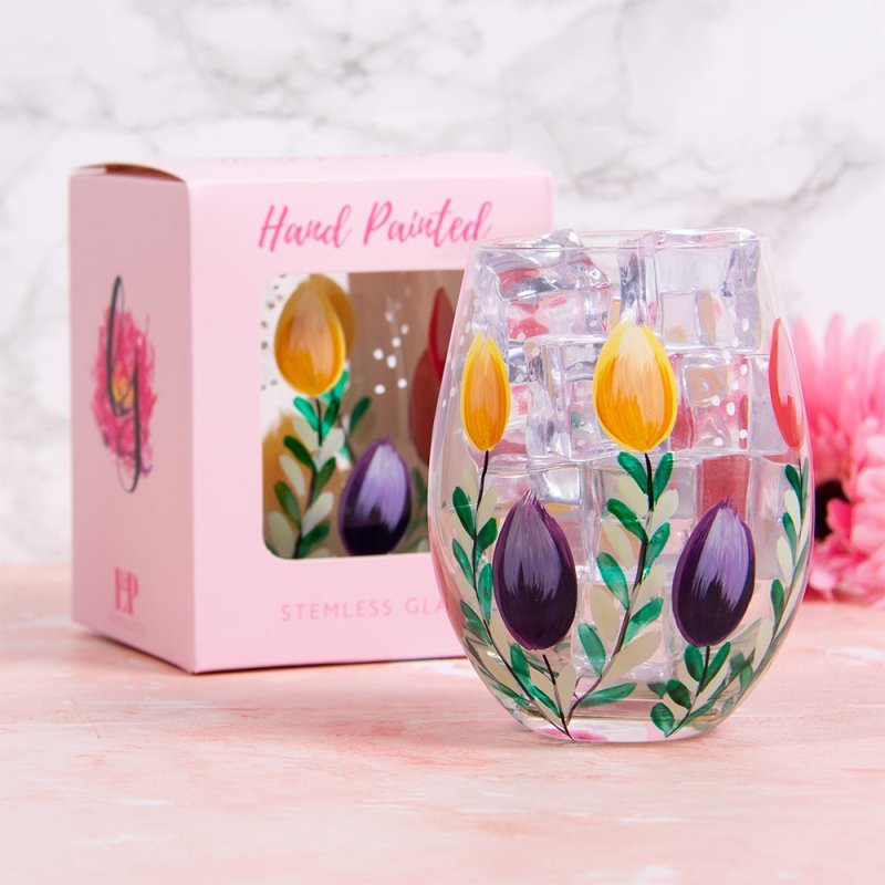 Stemless Gin Glass 400ml Hand Painted Design Floral Tumbler - Bonnypack