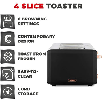 Tower Cavaletto 4 Slice Stainless Steel Black Rose Toaster