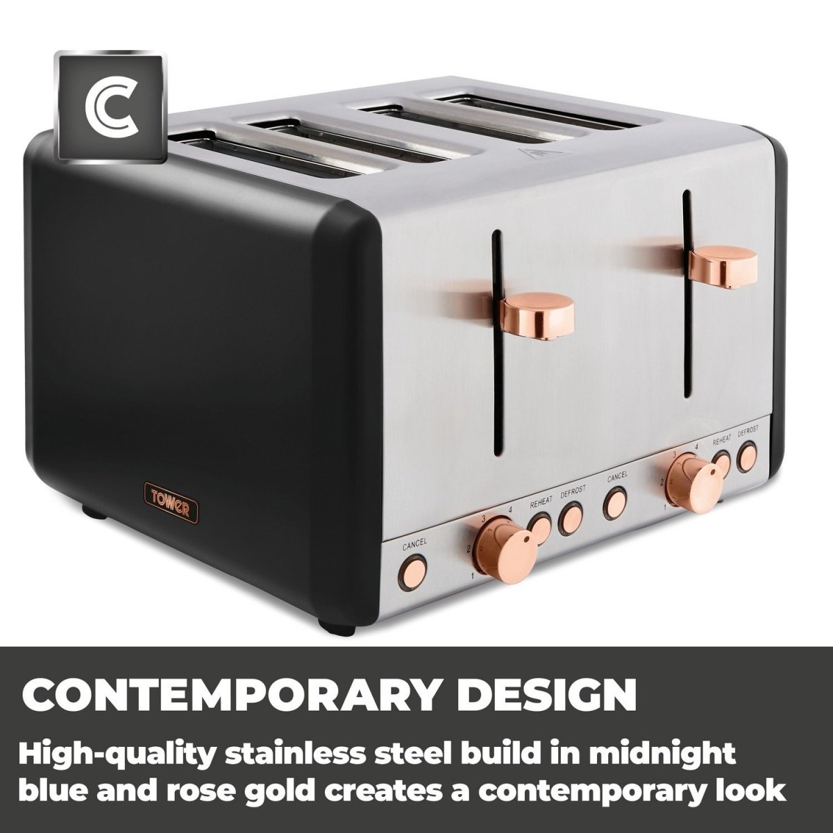 Tower Cavaletto 4 Slice Stainless Steel Black Rose Toaster - Bonnypack