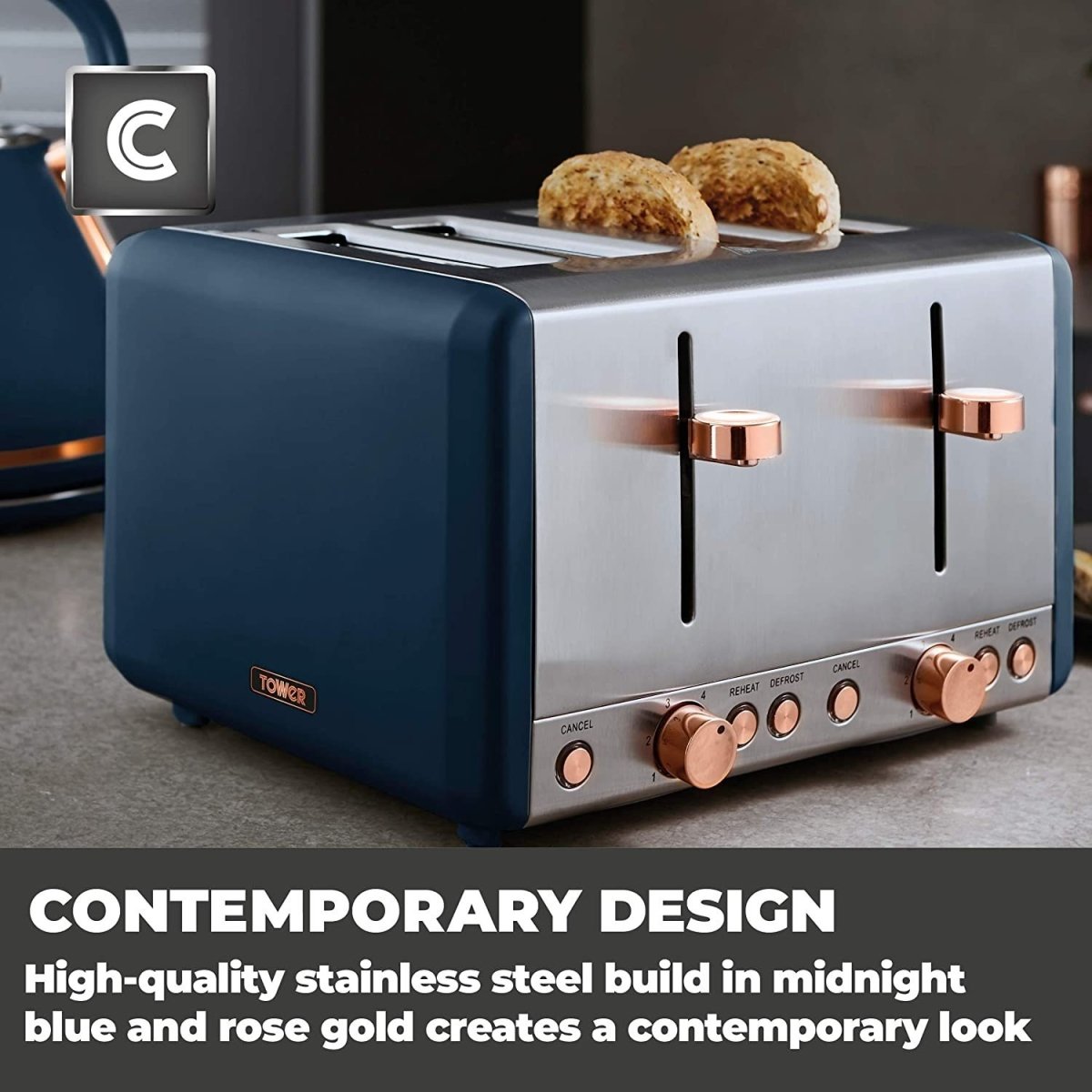 Tower Cavaletto 4 Slice Stainless Steel Blue Toaster - Bonnypack