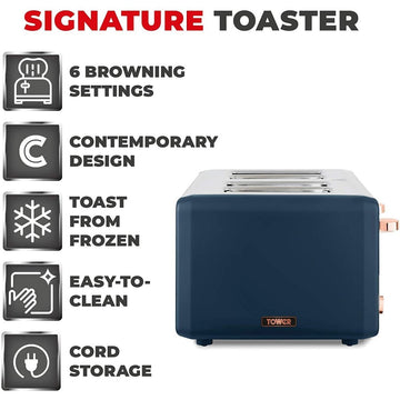 Tower Cavaletto 4 Slice Stainless Steel Blue Toaster