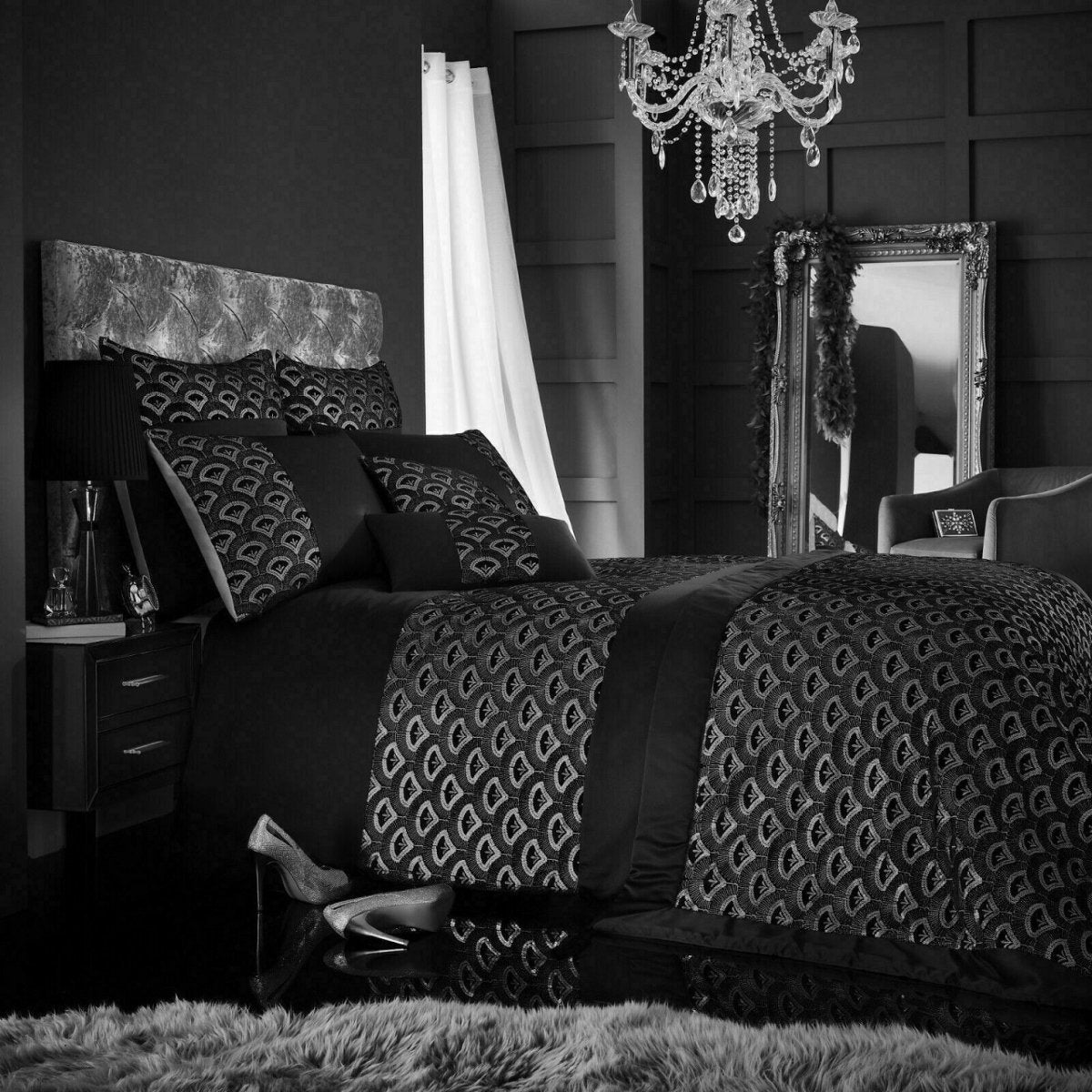 Velvet Sequin Black Grey Double Duvet Cover Bedding Set - Bonnypack