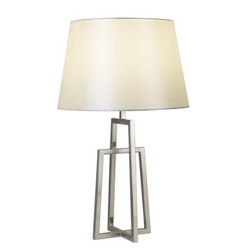 York Table Lamp Crossed Frame Satin Silver White Tapered Shade